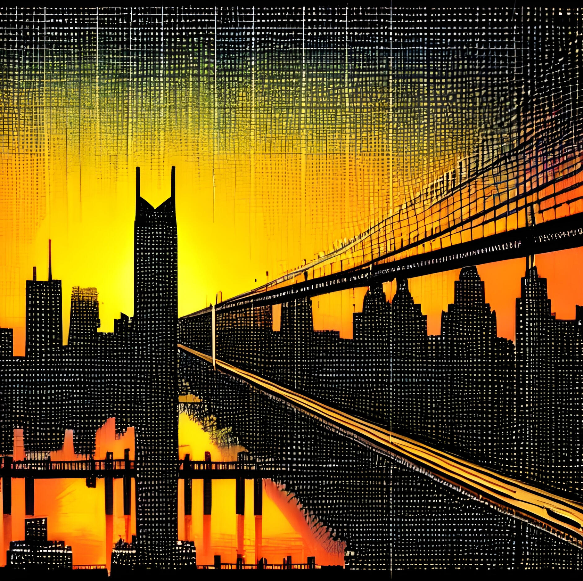 Sunset Over Brooklyn Bridge. Fine Art Print. SN NYC Collection. Urban Futurism, New York Sunset Art, First-Generation AI.